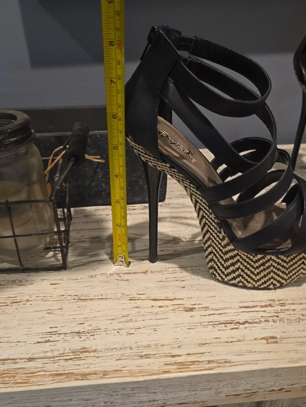 NWT Qupid Black Strappy Platform Heels with Woven Chevron Platform